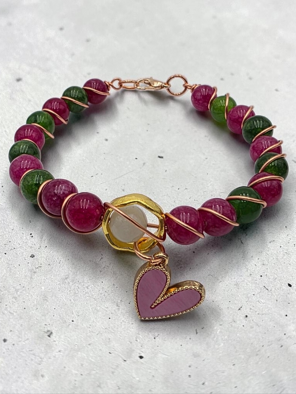 Pink & Green Beaded Bracelet with Pink Heart Charm and Gold Accents - Handmade